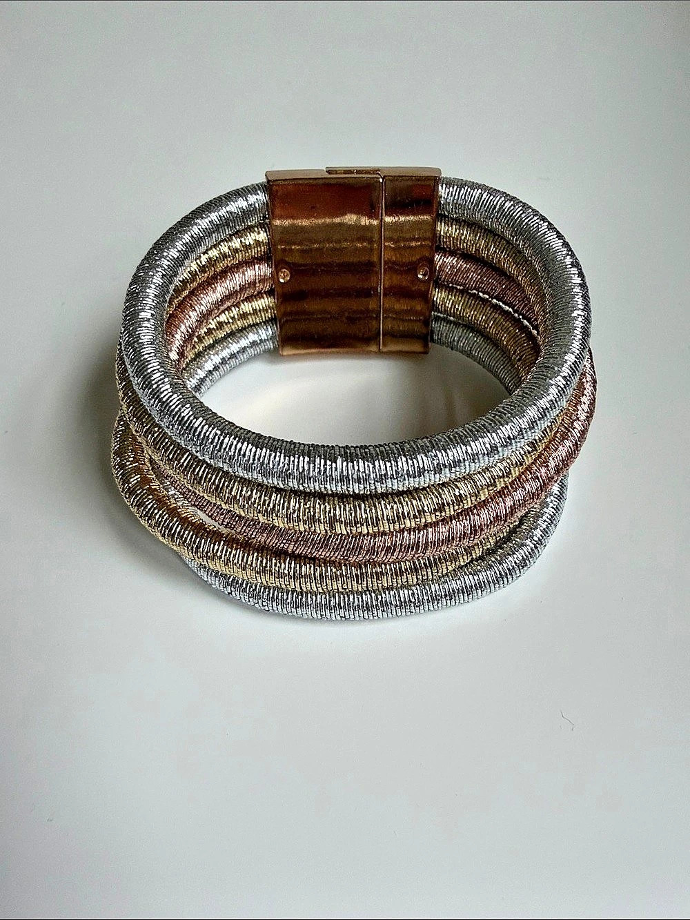 Gold and Silver Multi-Layer Coil Bracelet with Magnetic Closure